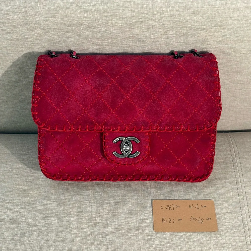 CHANEL Red Suede Whipstitched Classic Flap Medium SHW - Picture 16 of 17